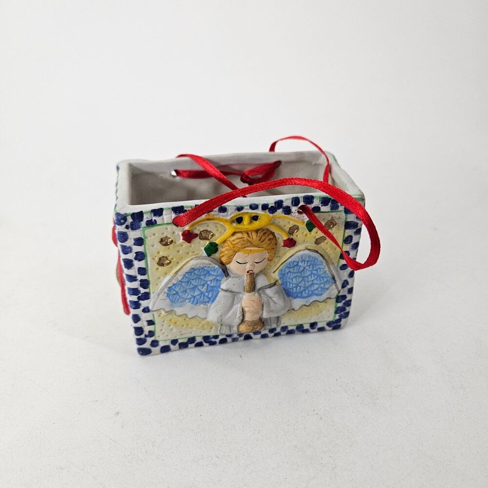 Ceramic Angel Ornament Christmas Holiday Decor Hand-Painted Square Box Shape